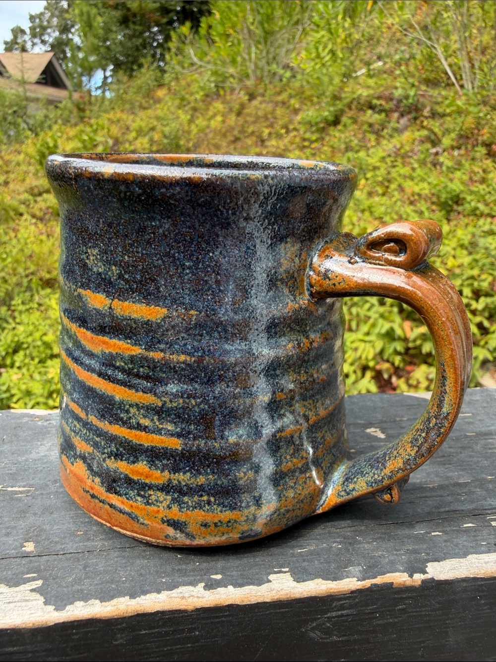 Vintage Studio Pottery Ceramic Mug in Blue and Orange Glaze As Decor only